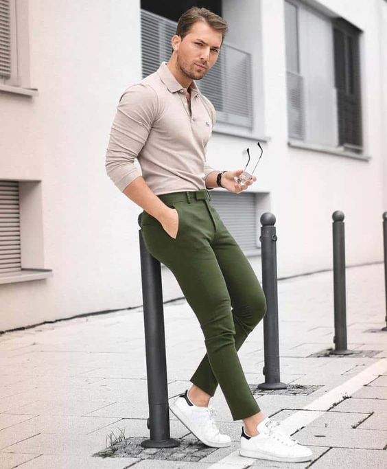Beige Polo-shirt, Full Sleeve Outfits With Green Casual Trouser, Green ...