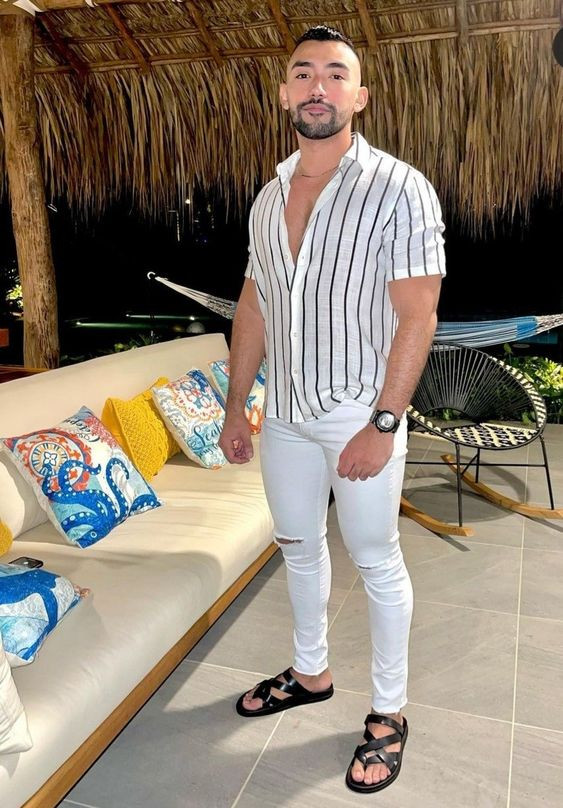 White Shirt, Summer Clothing Ideas With White Jeans, Short Sleeve Striped Shirt Outfit Mens: 