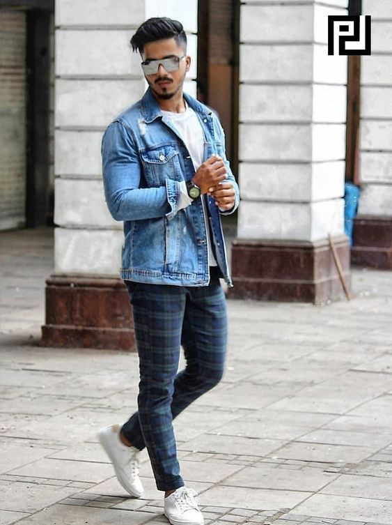 Dark Blue And Navy Jeans, Plaid Pants Fashion Wear With Light Blue Casual Jacket, Mens Checkered Trousers: 