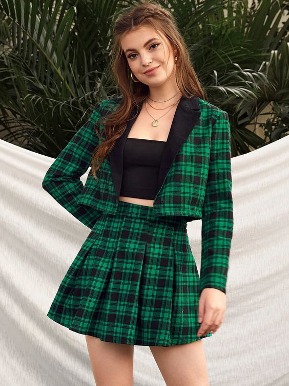 Green Pleated, Plaid Skirt Outfit Trends With Suit Jackets And Tuxedo, Green Crop Check Blazer With Skirt: 