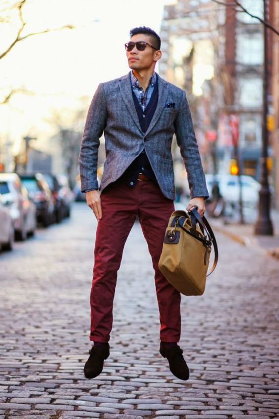 Red Jeans, Men's Outfit Designs With Dark Blue And Navy Suit Jackets Tuxedo, Jeans: 
