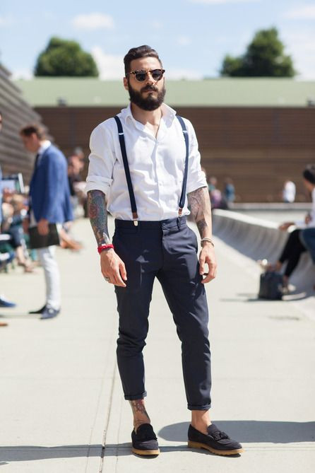 White Shirt, Suspenders Attires Ideas With Black Casual Trouser, Suspenders For Men: 