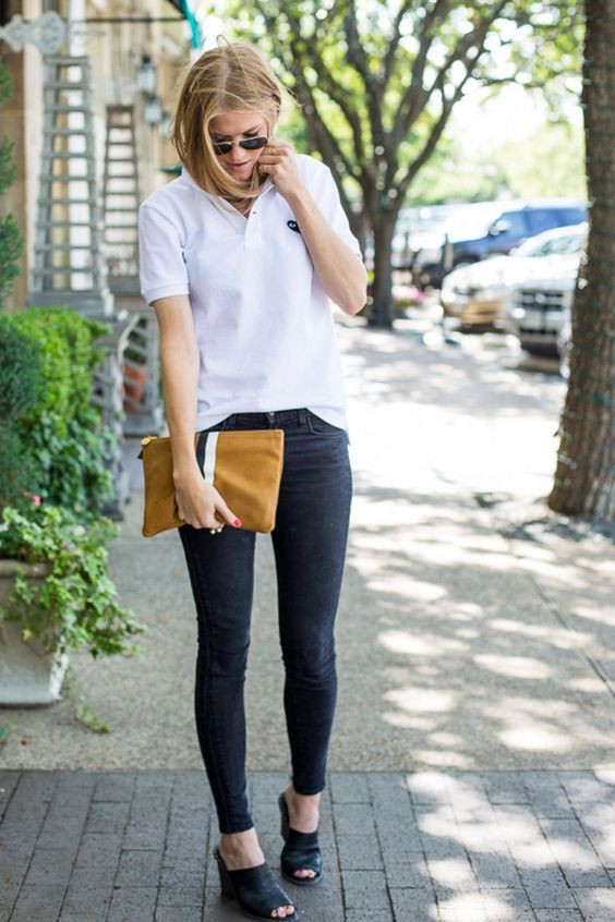 White T-shirt, Spring Fashion Ideas With Dark Blue And Navy Casual Trouser, Women's Polo Shirt Outfit: 