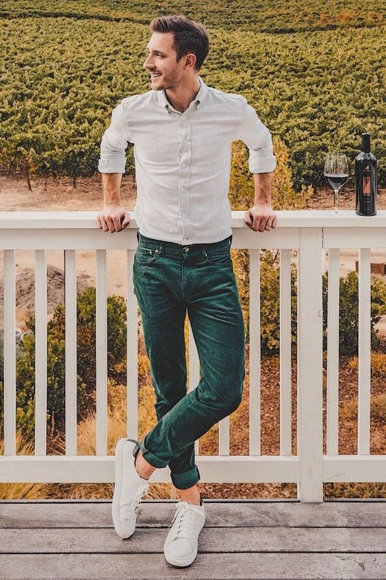 Green Jeans, Men's Outfit Trends With White Shirt, White And Green Combination Dress For Men: 