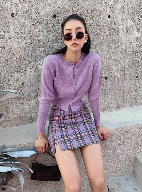 Pink Pencil And Straight, Plaid Skirt Outfit Trends With Purple And Violet Sweater, Purple Plaid Skirt Outfit: 