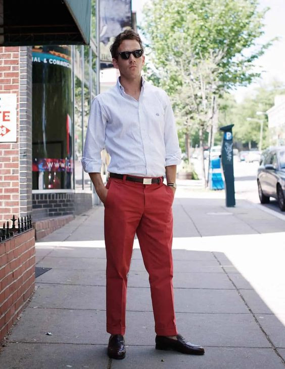 Red Casual Trouser, Men's Fashion Ideas With White Denim Shirt, Red Chinos: 