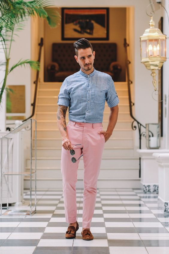 Pink Beach Pant, Men's Fashion Outfits With Light Blue Shirt, Semi Formal Pink Outfit For Guys: 