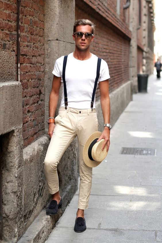 White T-shirt, Suspenders Clothing Ideas With Beige Suit Trouser, Suspenders Outfit Man: 