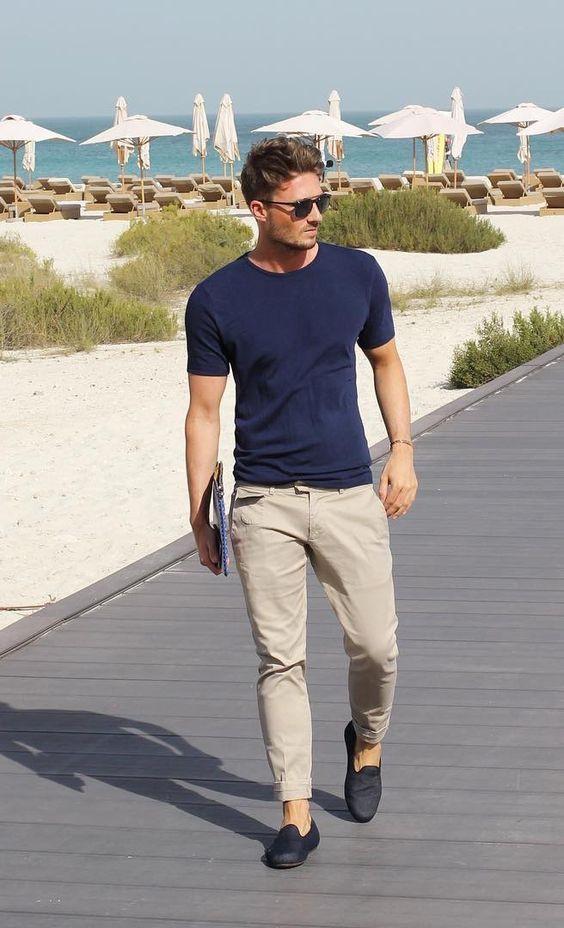 Dark Blue And Navy T-shirt, Men's Summer Wardrobe Ideas With Beige Jeans,  Casual Chinos Outfit Men | Casual wear, men's style, smart casual