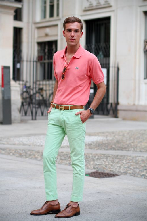 Green Jeans, Men's Outfit Designs With Pink Polo-shirt, Watermelon Color Shirt: 