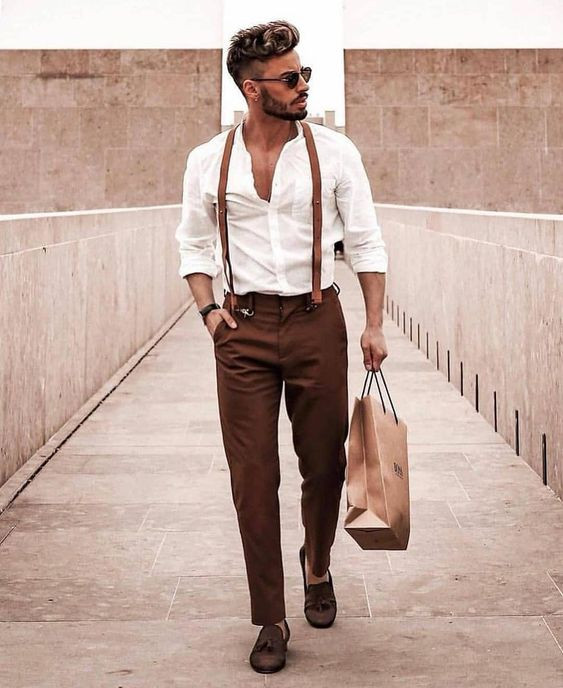 White Shirt, Suspenders Outfits With Brown Suit Trouser, Suspenders Style Men: 