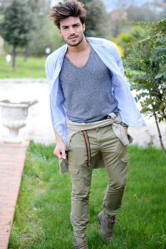 Green Casual Trouser, Cargo Fashion Trends With Light Blue T-shirt ...