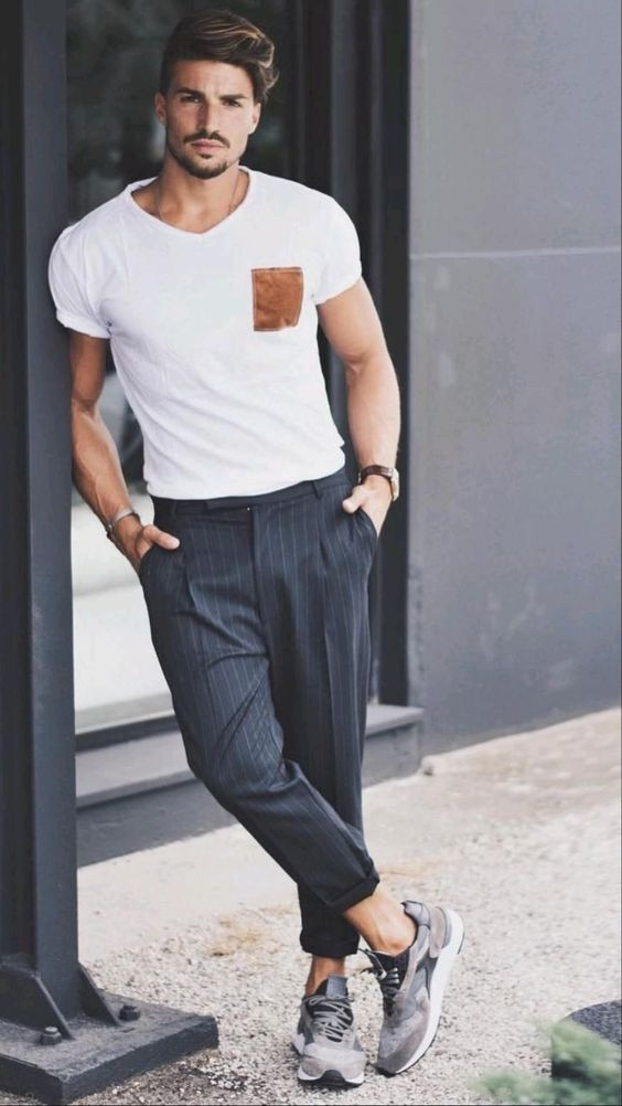 White T-shirt, Men's Summer Fashion Wear With Grey Formal Trouser, Casual Dressing: 