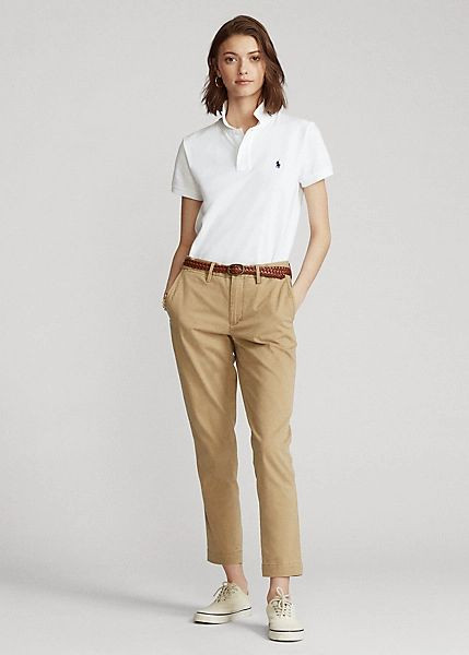 White Polo-shirt, Spring Ideas With Beige Culotte, Chino Pants With Polo Shirt Women: 