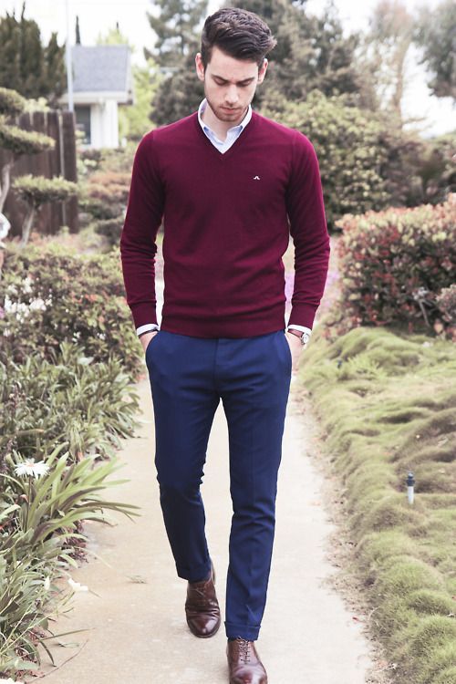 Dark Blue And Navy Formal Trouser, Men's Fashion Wear With Red Sweater, Maroon Sweater Blue Pants: 