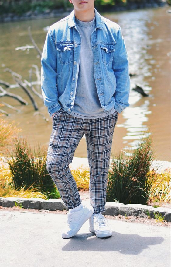 Light Blue Casual Trouser, Plaid Pants Outfits With Light Blue Casual Jacket, Denim: 