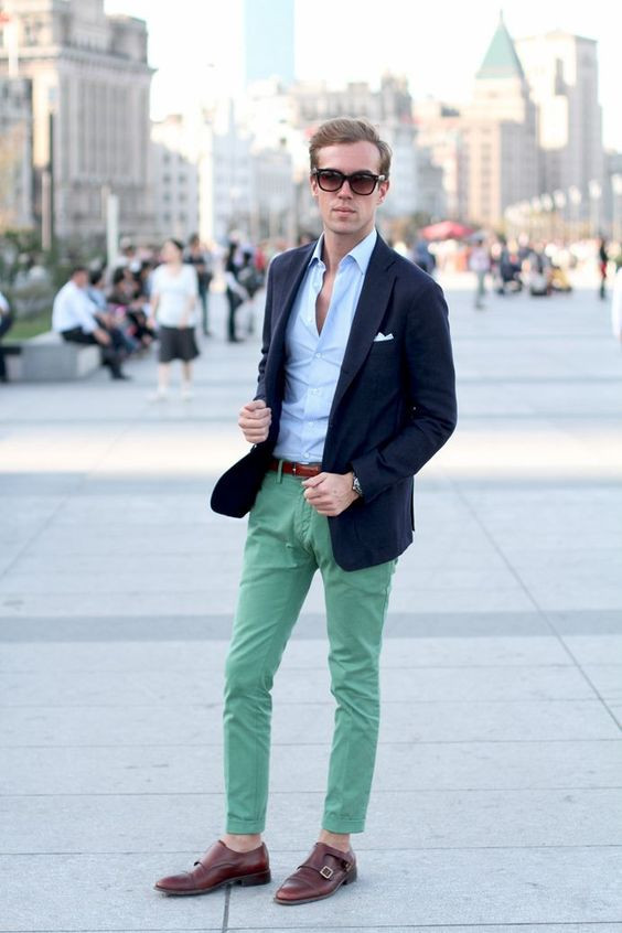 Green Jeans, Men's Clothing Ideas With Dark Blue And Navy Suit Jackets Tuxedo, Monk Shoes With Chinos: 