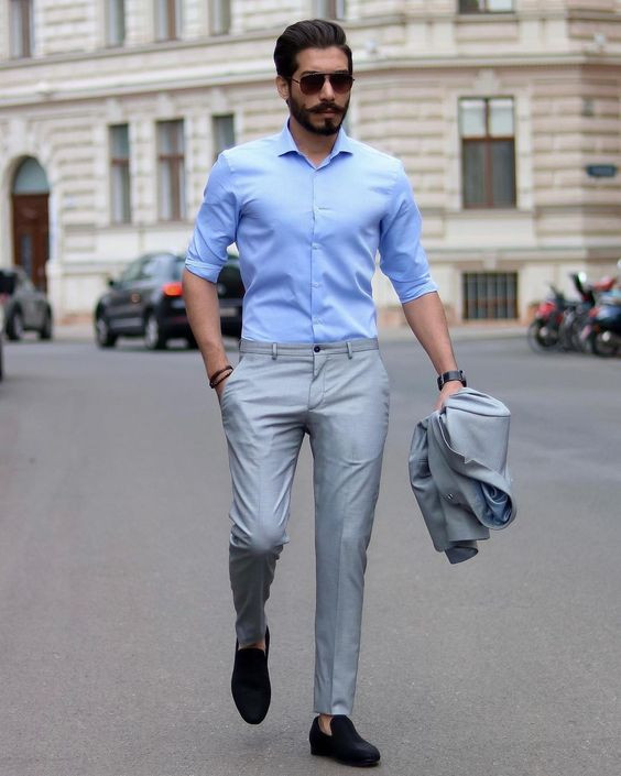Grey Formal Trouser, Men's Clothing Ideas With Light Blue Shirt, Blazer ...