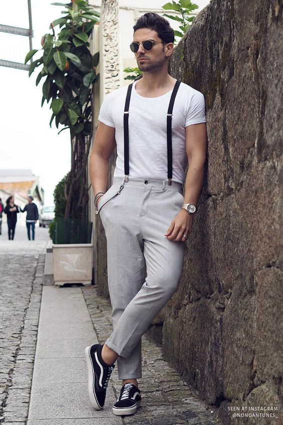 White T-shirt, Suspenders Fashion Wear With Grey Casual Trouser, Men's Clothing With Suspenders: 