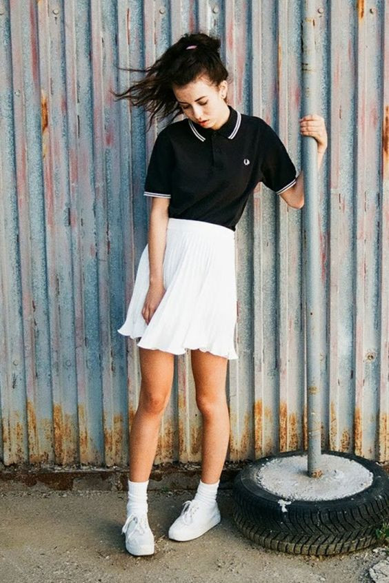 Black Polo-shirt, Spring Fashion Trends With White Denim Skirt, Female Outfits With Polo Shirts: 