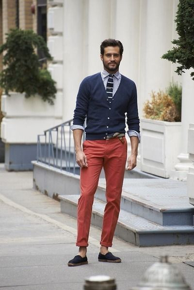 Red Casual Trouser, Men's Fashion Outfits With Dark Blue And Navy Upper, Red Pants Men's Outfit: 