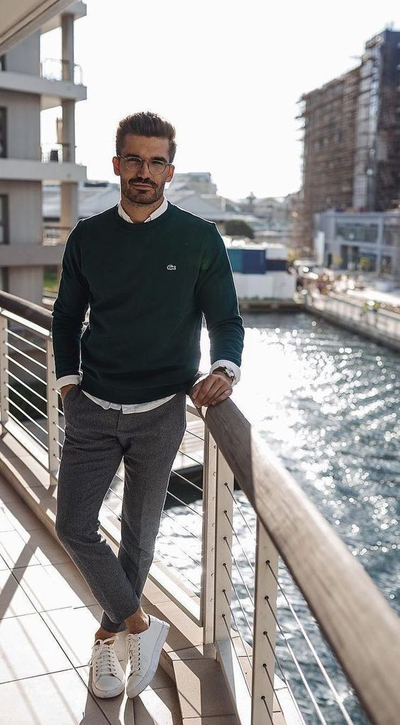 Grey Jeans, Men's Outfit Designs With Green Sweater, White Sneakers Men: 