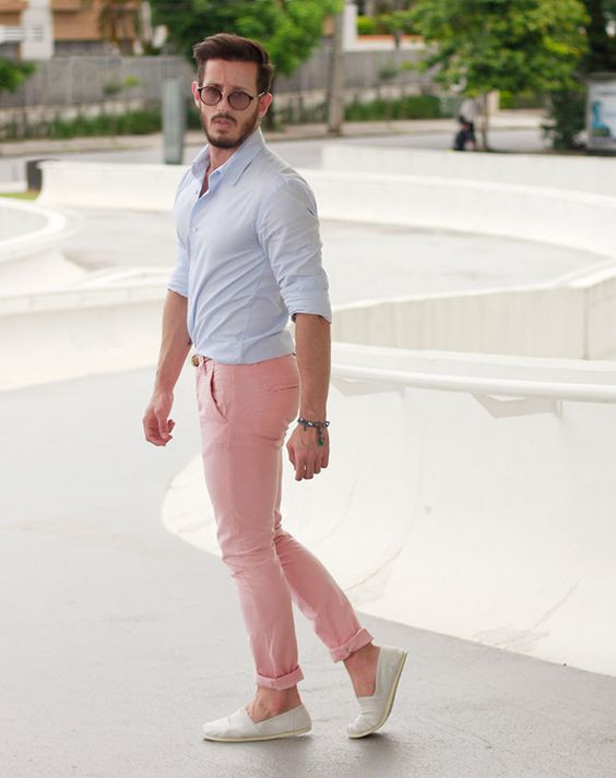 Pink Trouser, Men's Fashion Trends With Light Blue Shirt, Jeans: 