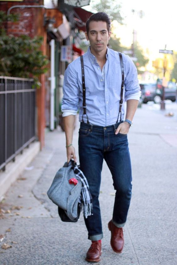 Light Blue Shirt, Suspenders Fashion Trends With Dark Blue And Navy Casual Trouser, Jeans And Suspenders: 