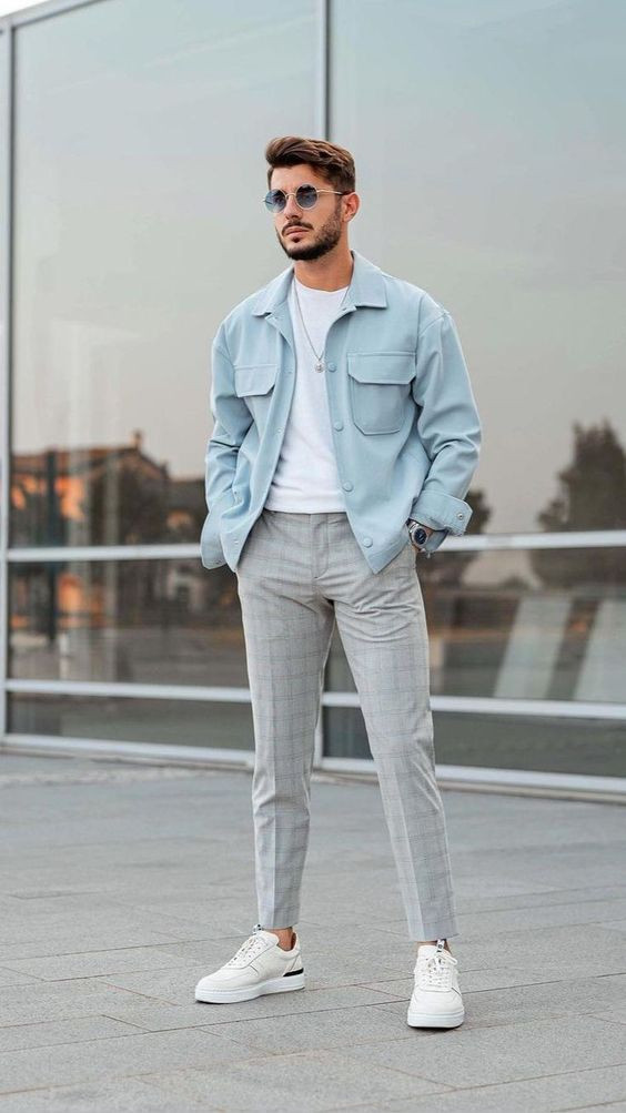 Grey Formal Trouser, Plaid Pants Attires Ideas With Light Blue Harrington Jacket, Dresses Ideas Men's Fashion Trend 2022: 