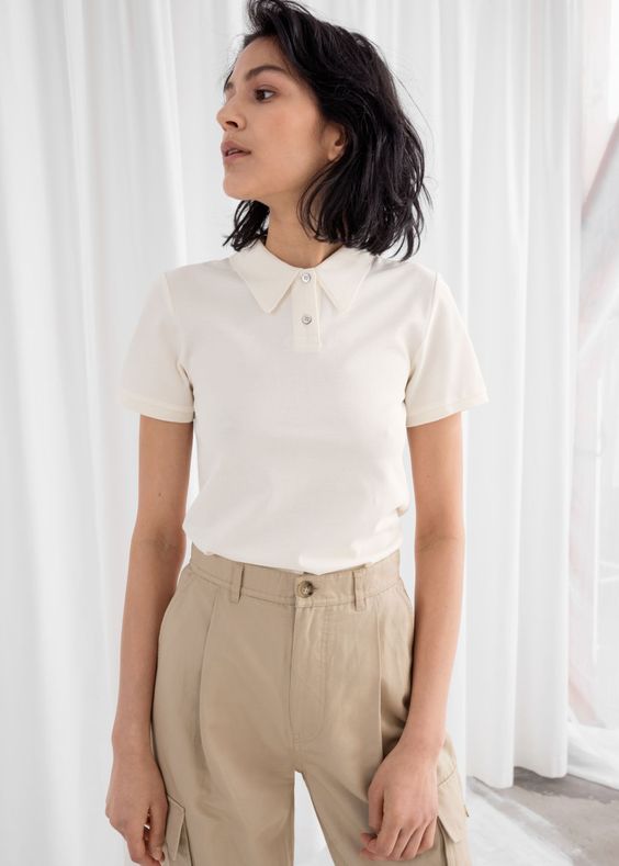White Polo T Shirt, Spring Fashion Outfits With Beige Pants, White Polo T Shirt Women Outfit: 