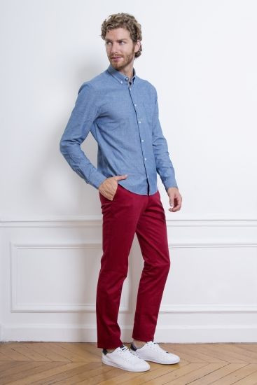 Red Casual Trouser, Men's Ideas With Light Blue Denim Shirt, Standing: 