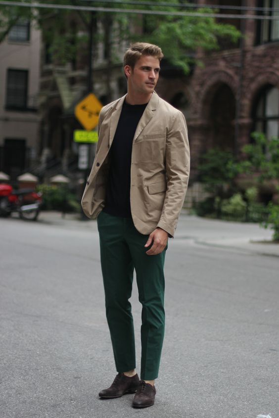 Green Formal Trouser, Men's Attires Ideas With Beige Suit Jackets And Tuxedo, Chicago Outfits Men: 