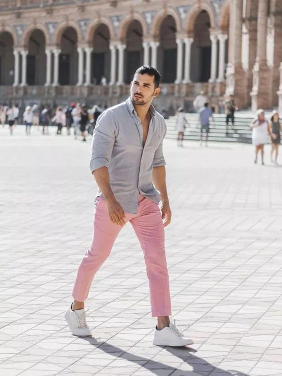 Pink Beach Pant, Men's Fashion Wear With Light Blue Denim Shirt, Plaza De España: 