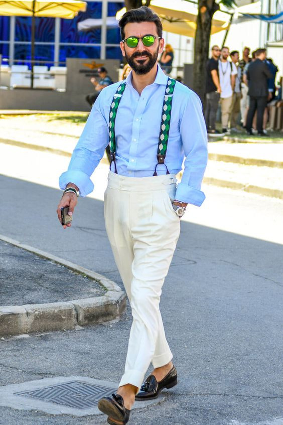 Light Blue Shirt, Suspenders Clothing Ideas With White Jeans ...
