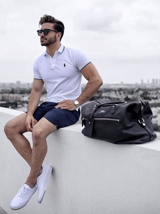 Light Blue Polo-shirt, Men's Summer Outfits Ideas With Dark Blue And Navy Hotpant, Men's Summer Polo Outfits: 