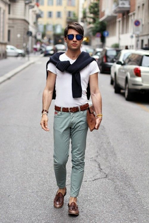 Light Green Casual Trouser, Men's Clothing Ideas With T-shirt, Male Preppy Fashion: 