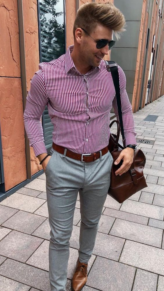 Grey Jeans, Men's Fashion Tips With Purple And Violet Shirt, Striped Shirt Grey Pants: 