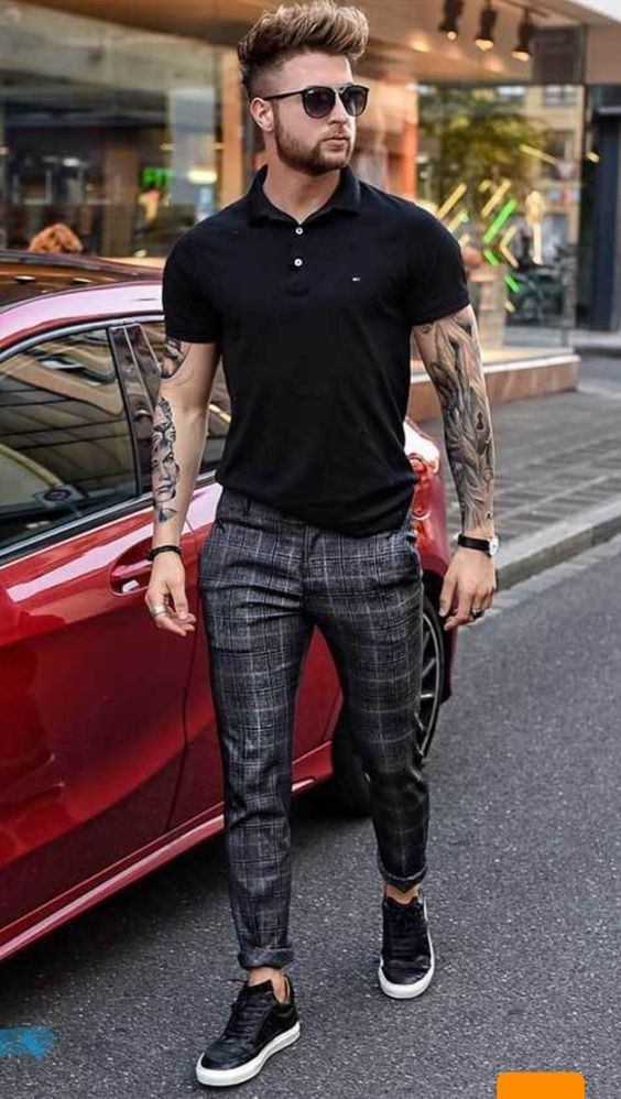 Grey Formal Trouser, Plaid Pants Fashion Outfits With Black Polo-shirt, Street Style Modern Men Fashion 2022: 