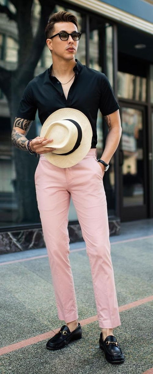 Pink Casual Trouser, Men's Outfits Ideas With Black Polo-shirt, Pink Chinos Black Shirt: 