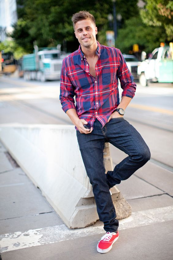 Shirt, Flannel Shirt Fashion Trends With Dark Blue And Navy Jeans, Red Vans Men Outfit: 