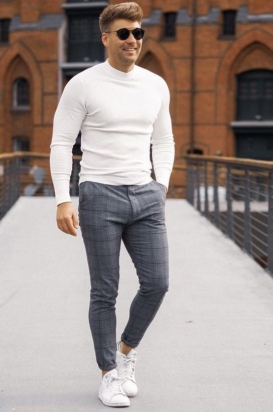 Grey Formal Trouser, Plaid Pants Fashion Wear With White Sweater, Tartan Pants Outfit Men Ideas: 