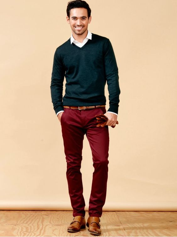 Red Jeans, Men's Fashion Trends With Green Sweater, Fashion Model: 