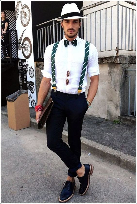 White Vest, Suspenders Fashion Wear With Dark Blue And Navy Formal Trouser, Men's Bow Tie And Suspenders Outfit: 