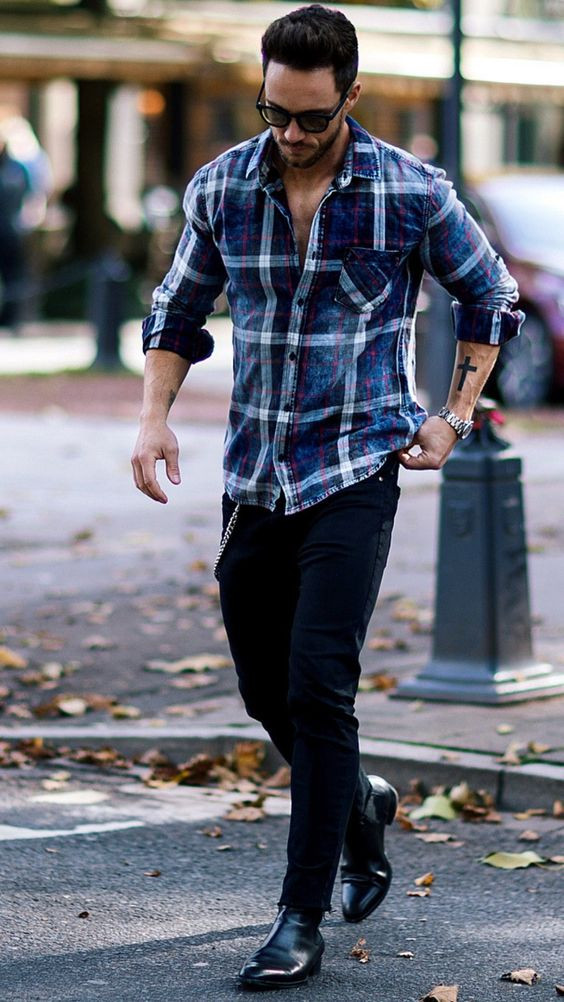 Shirt, Flannel Shirt Wardrobe Ideas With Dark Blue And Navy Jeans, Blue Flannel Outfit Men's: 