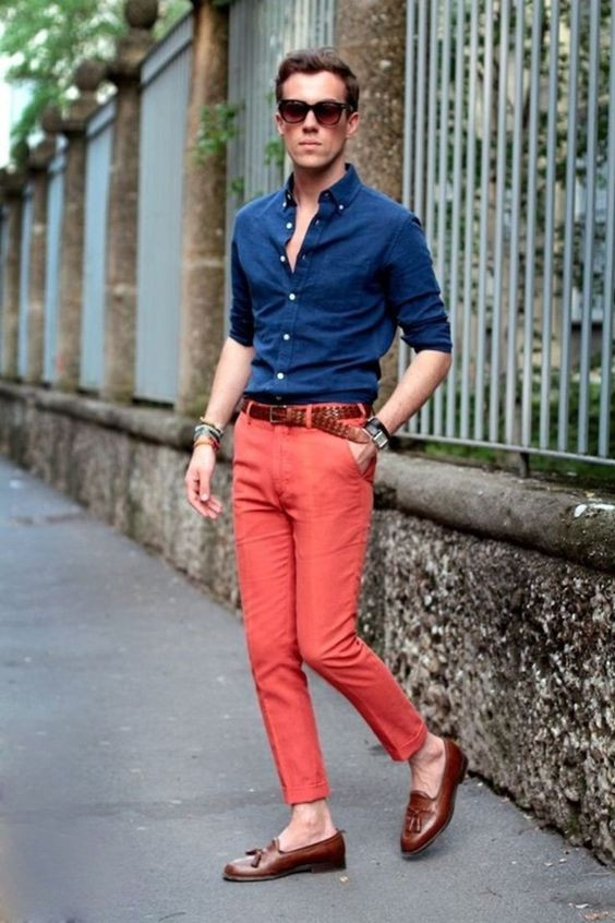 Red Casual Trouser, Men's Attires Ideas With Dark Blue And Navy Denim Shirt, Trousers: 
