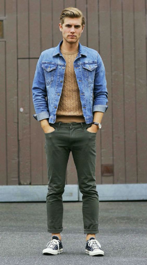Grey Casual Trouser, Men's Outfit Trends With Light Blue Casual Jacket, Denim: 