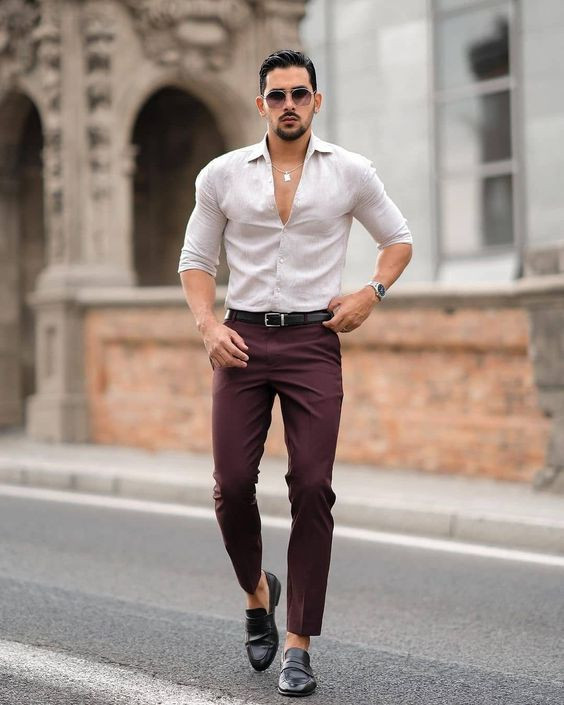 Purple Suit Trouser, Men's Fashion Outfits With White Shirt, White Shirt Pant Combination: 