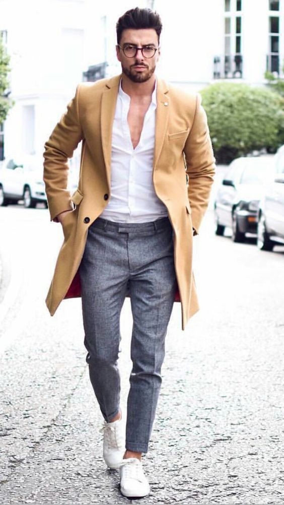 Grey Suit Trouser, Men's Clothing Ideas With Beige Winter Coat, Cold Outfit Men: 