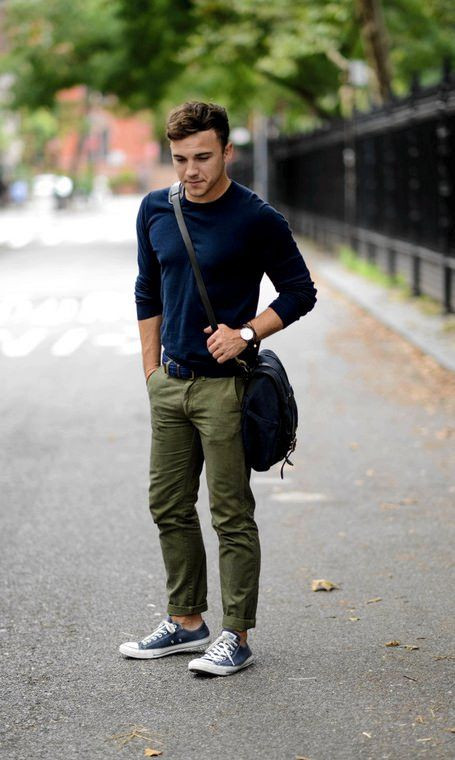 Green Jeans, Men's Ideas With Dark Blue And Navy T-shirt, Olive Pants  Outfit Mens | Men's style, olive chinos, luggage and bags