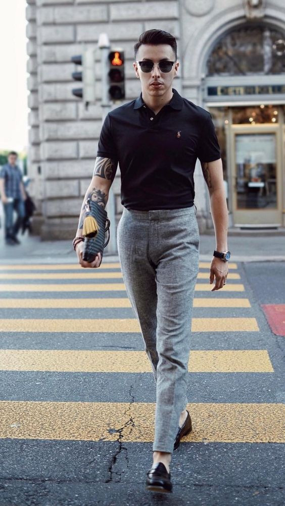 Grey Casual Trouser, Men's Fashion Wear With Black Polo-shirt, Black Polo Grey Pants: 